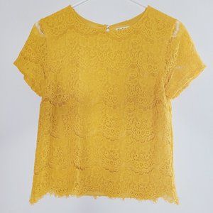 Mustard Lace Top Lily White Women's Small Yellow Feminine Cropped Autumn Fall